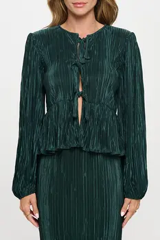 Plisse Long Puff Sleeve Top with Open Front Tie Detail