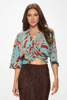 Print Mid Sleeve Top with Front Twist