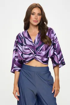 Multi Print Satin Mid Sleeve Top with Front Twist
