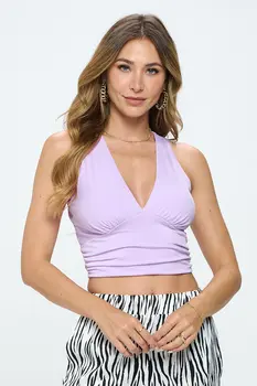 Solid V neck Sleeveless Crop Top