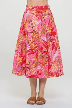 Tropical Leaf Print Midi Skirt with Pockets