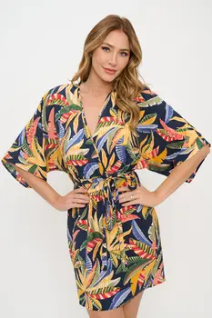 Tropical Print V neck Kimono Dress with Tie