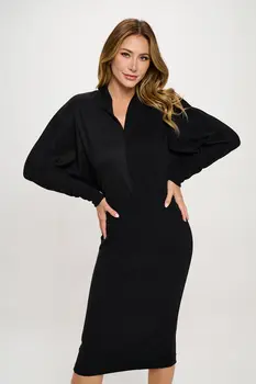 Suede Solid Dolman Sleeve Midi Bodycon Dress