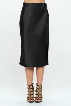 Solid Satin Midi Skirt with Slit
