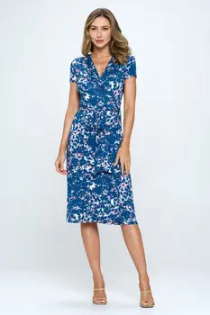 Print V neck Dress with Tie