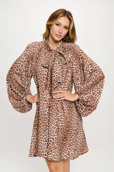 Leopard Print Puff Sleeve Dress with Front Neck Tie Detail