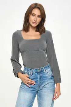 Square neck Rib Knit Long Sleeve Top