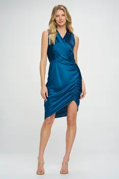 Stretch Satin Ruched Dress with Asymmetrical Hem