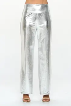 Metallic Wide Leg Pants with Thick Waistband