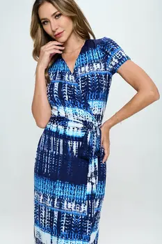 Print V neck Jersey Wrap Dress with Tie