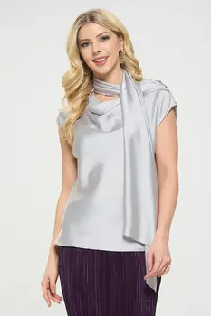 Satin Cowl Neck Short Sleeve Top with Scarf Detail