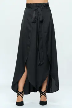 Stretch Satin Split Wide Leg Pants with Tie