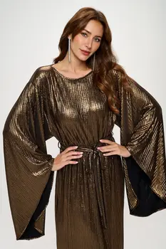 Metallic Dress with Bell Sleeve and Tie
