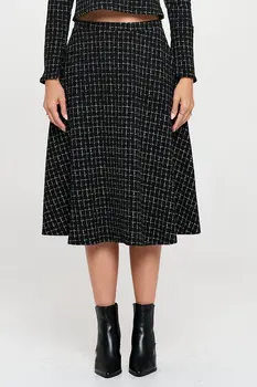 Plaid Knit Flowy Midi Skirt with Pockets