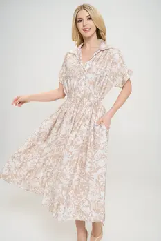 Flower Print Collared V neck Dress with Pockets