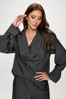 Denim Tencel Collared Cowl neck Top with Split Cuff