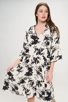 Floral Print V neck 3/4 Sleeve Tiered Dress
