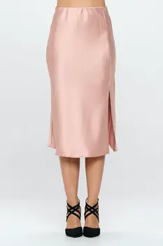 Solid Satin Midi Skirt with Slit