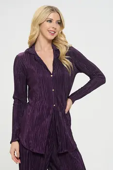 Plisse Solid Button Down Top with Collar