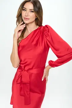 Stretch Satin One Shoulder Bodycon Dress w/ Tie