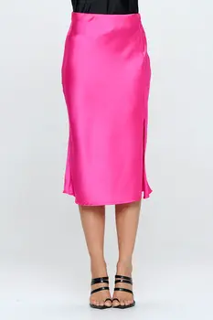 Solid Satin Midi Skirt with Slit