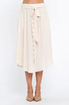 Linen Solid Midi Skirt with Curved Hem and Buttons