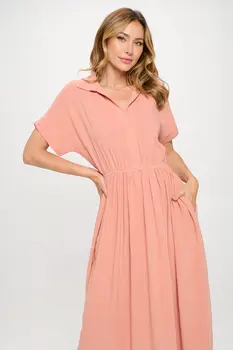 Linen Solid Collared V neck Dress with Pockets