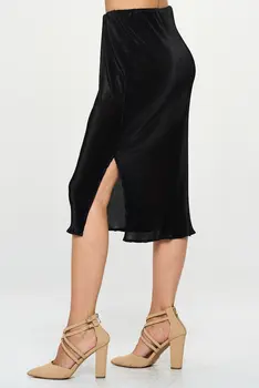 Solid Plisse Midi Skirt with Slit and Elastic Waistband
