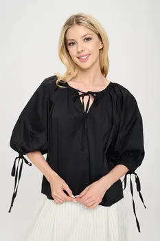 Cotton V neck Half Puff Sleeve with Tie