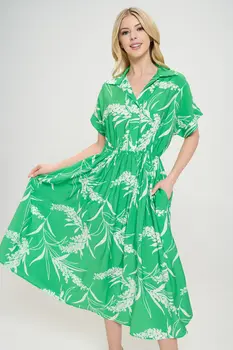 Print Collared V neck Midi Dress with Pockets