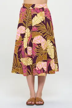 Tropical Leaf Print Midi Skirt with Pockets