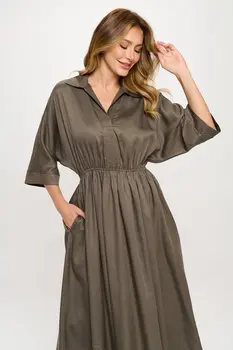 Tencel Collared V neck Midi Dress with Pockets