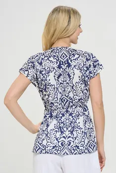 Cotton Print V neck Short Sleeve Kimono Top