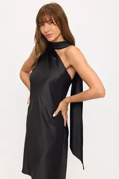 One Shoulder Satin Dress with Scarf