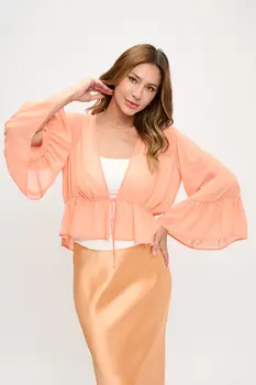 Solid Sheer Deep V neck Tie Top with Bell Sleeve