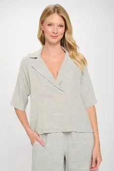 Striped Cotton Relaxed Oversize Fit V neck Top with Colla