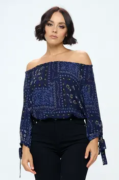 Paisley Print Off Shoulder Top with Sleeve Tie