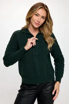 Braided Knit Detail Long Sleeve Zip Up Sweater