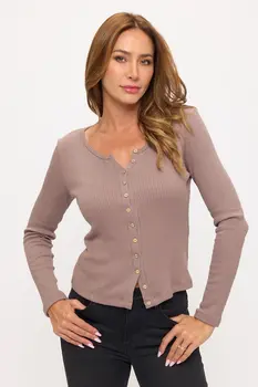 Solid Rib Knit Long Sleeve V neck Sweater Top