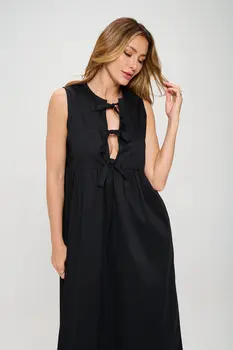 Cotton Sleeveless Midi Dress with Front Tie Detail