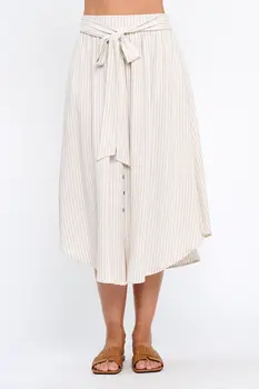 Linen Striped Midi Skirt with Curved Hem and Buttons