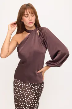 One Shoulder Long Sleeve Satin Top