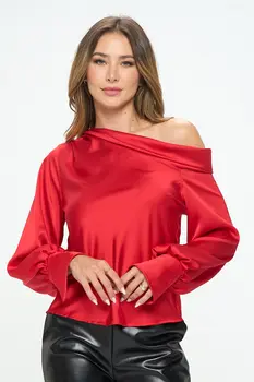 Dropped Shoulder Long Sleeve Satin Top