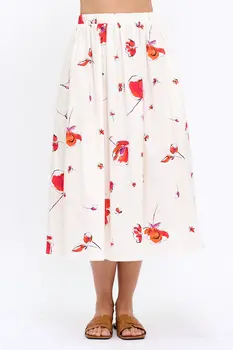 Cotton Floral Flowy Midi Skirt with Pockets