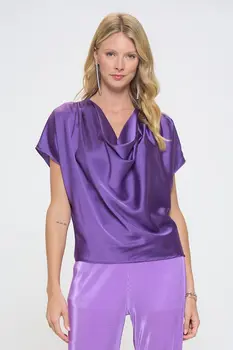 Satin Cowl Neck Short Sleeve Top
