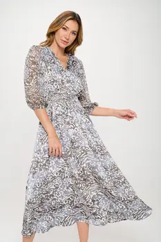 Animal Print V neck Dress with Sheer Sleeve