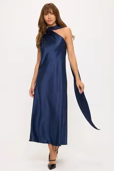 One Shoulder Satin Maxi Dress w Scarf