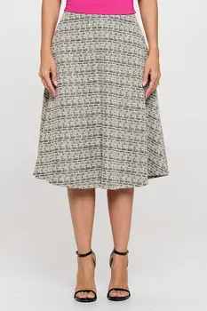 Plaid Tweed Knit Flowy Midi Skirt with Pockets