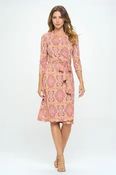 Print V neck Jersey Wrap Dress with Tie