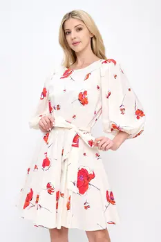 Cotton Floral Print 3/4 Puff Sleeve Dress with Tie